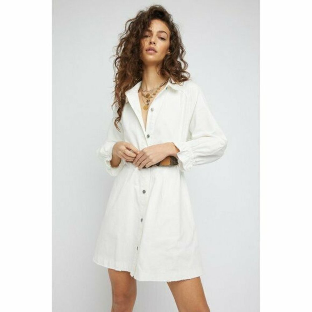 Free People We The Free Hannah Denim Mini Dress Button Front White XL New